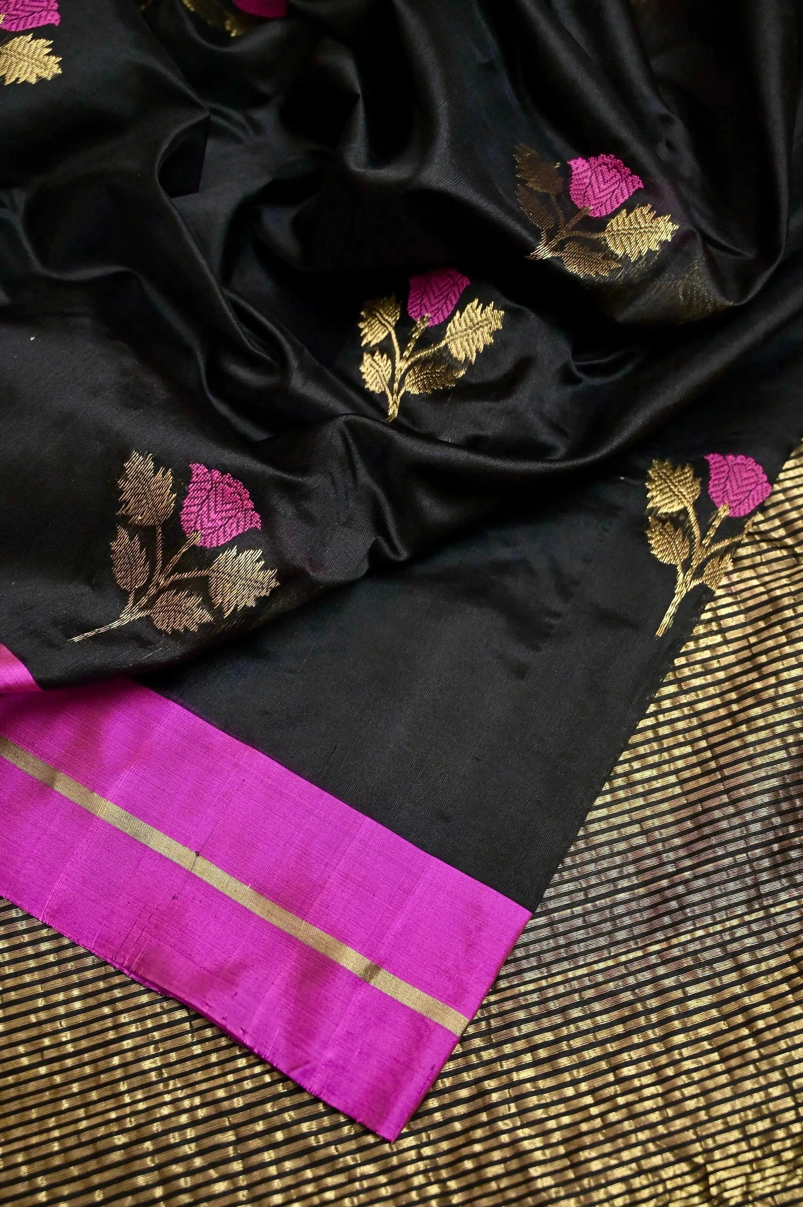 Black Color Pure Chanderi Banarasi Saree with Zari Work and Meenakari Butta