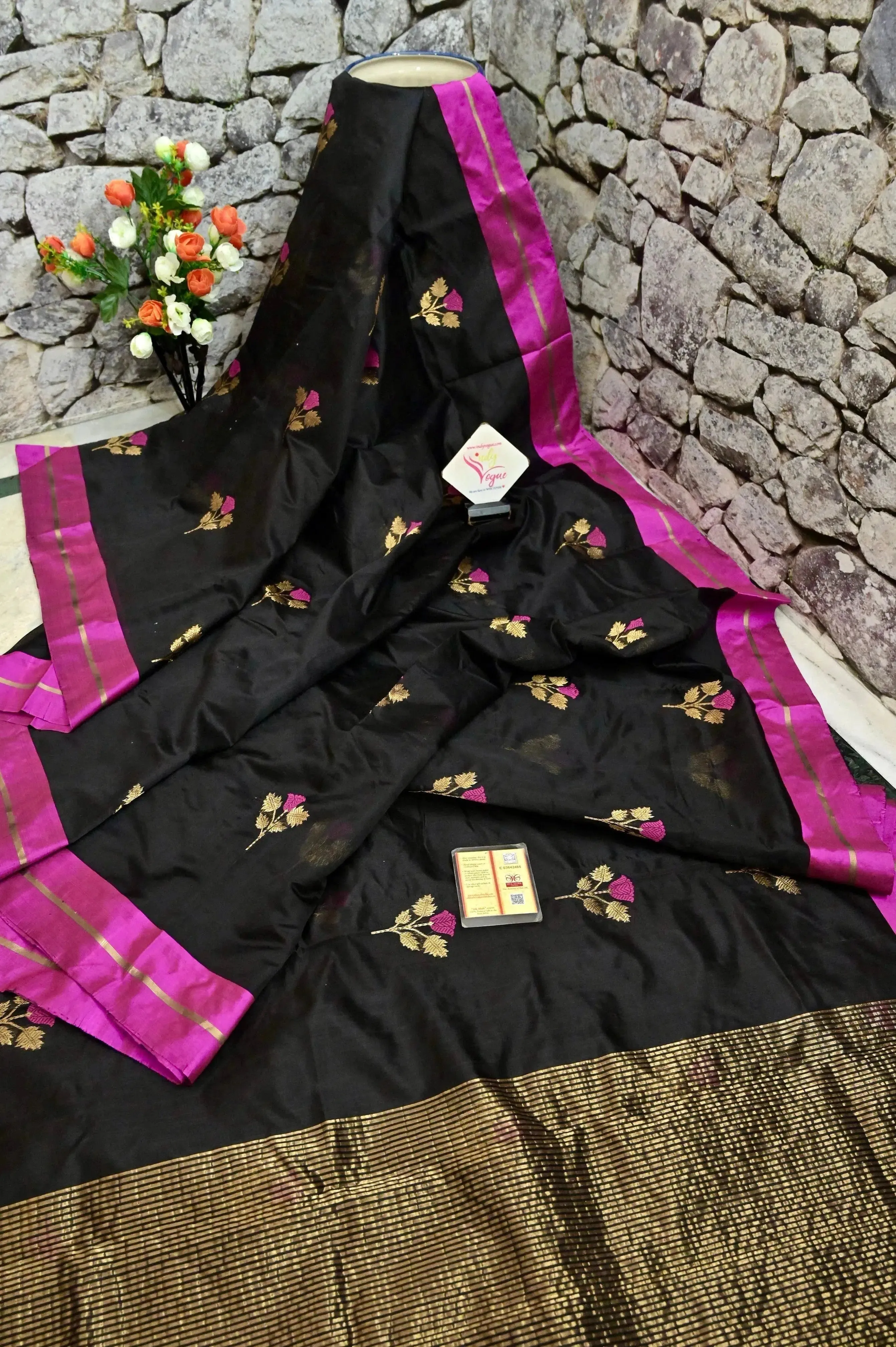 Black Color Pure Chanderi Banarasi Saree with Zari Work and Meenakari Butta