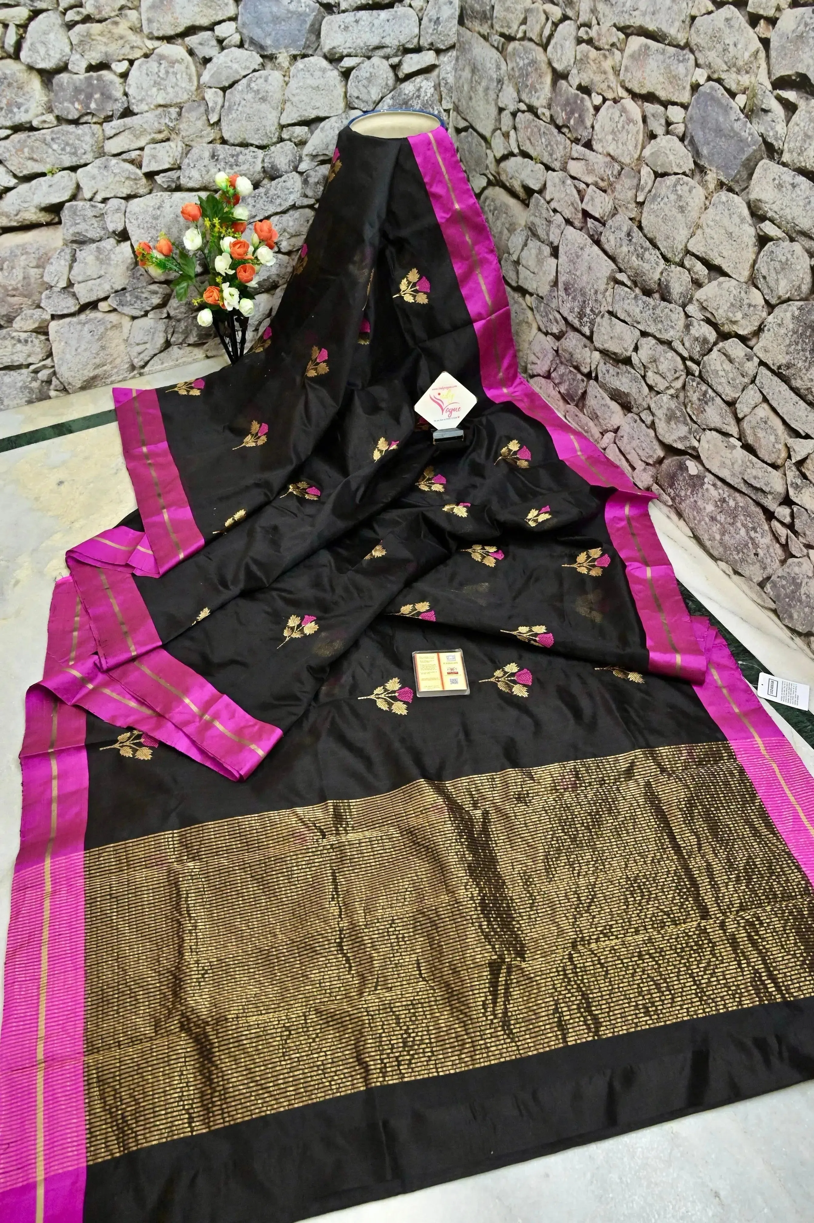 Black Color Pure Chanderi Banarasi Saree with Zari Work and Meenakari Butta