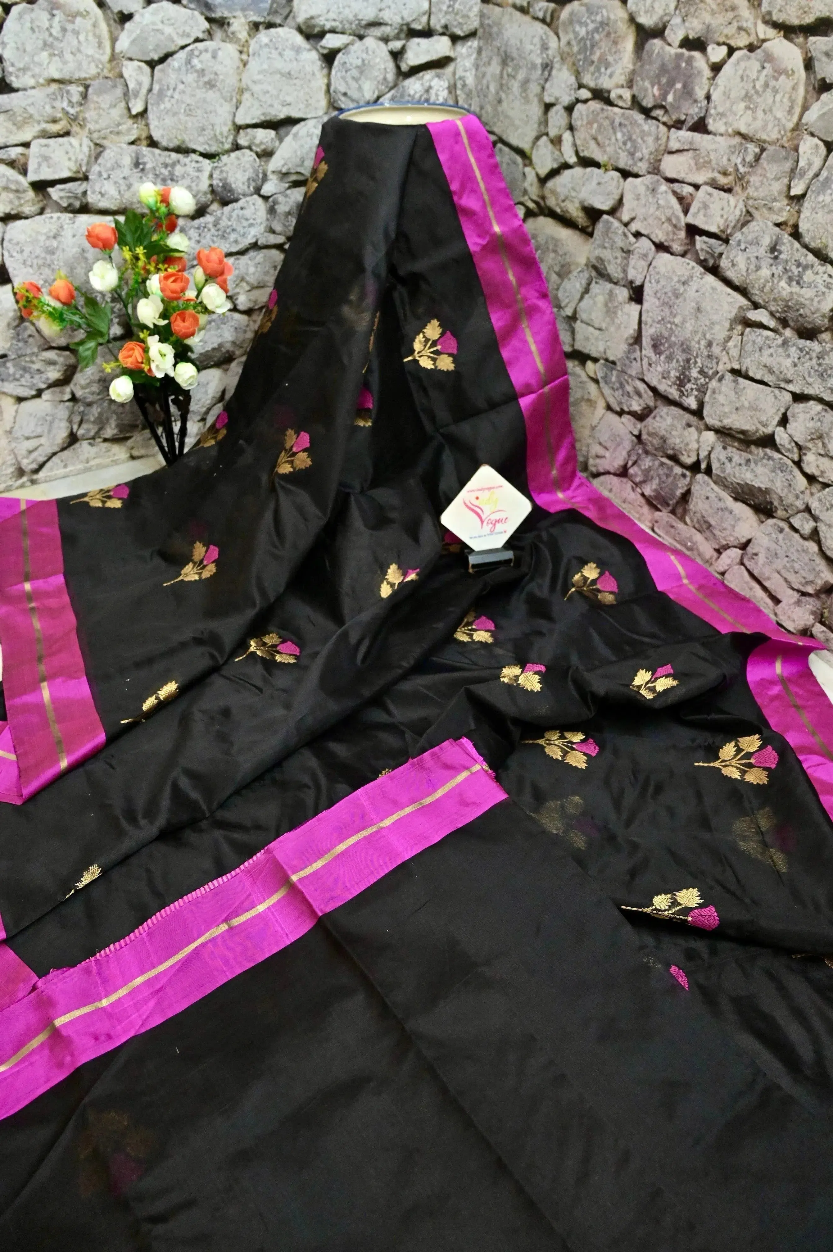 Black Color Pure Chanderi Banarasi Saree with Zari Work and Meenakari Butta