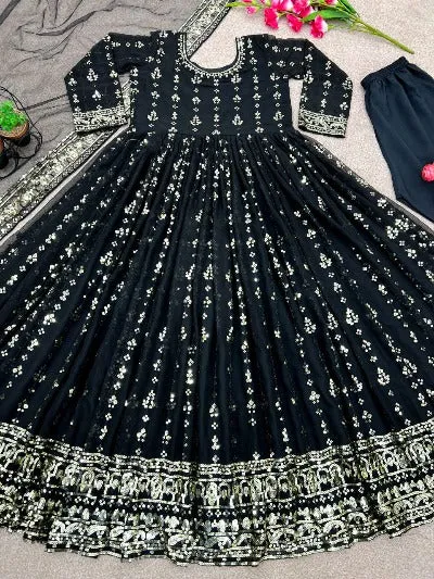 Black Designer Wedding Anarkali Gown Dupatta