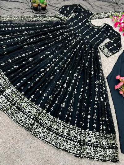 Black Designer Wedding Anarkali Gown Dupatta