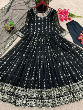 Black Designer Wedding Anarkali Gown Dupatta