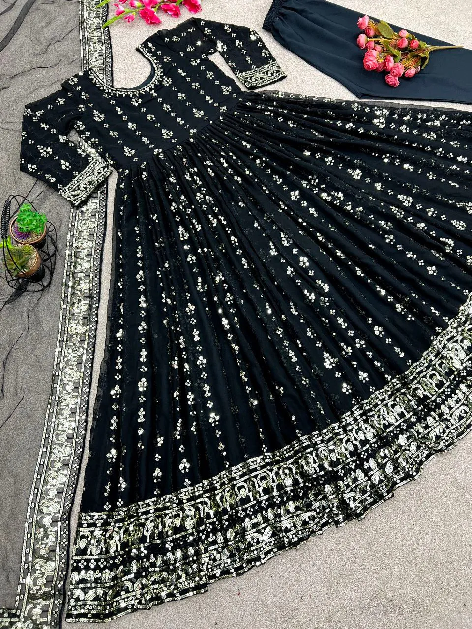 Black Designer Wedding Anarkali Gown Dupatta