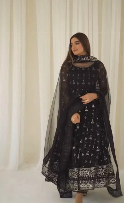 Black Designer Wedding Anarkali Gown Dupatta