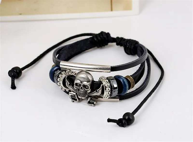 Black Genuine Leather Punk Skull Beaded Bracelet