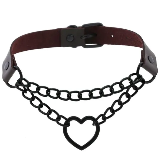 Black Heart Chain Link Collar Choker Leather Gothic Punk Harajuku Necklace