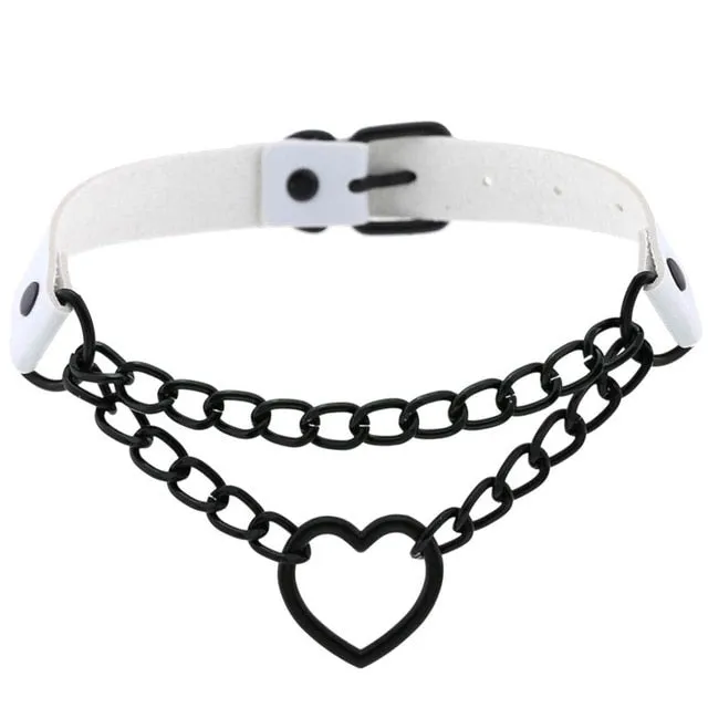 Black Heart Chain Link Collar Choker Leather Gothic Punk Harajuku Necklace