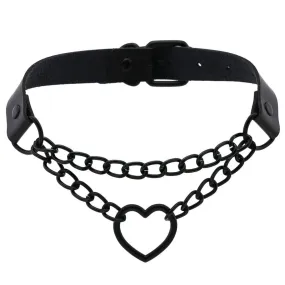 Black Heart Chain Link Collar Choker Leather Gothic Punk Harajuku Necklace