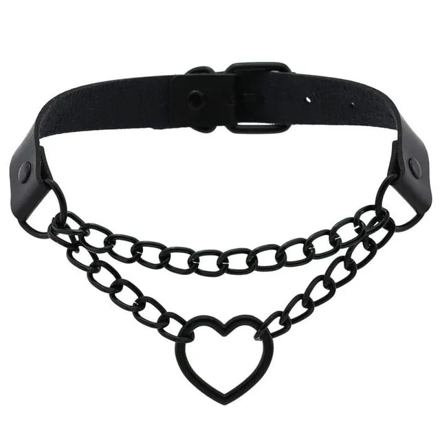 Black Heart Chain Link Collar Choker Leather Gothic Punk Harajuku Necklace