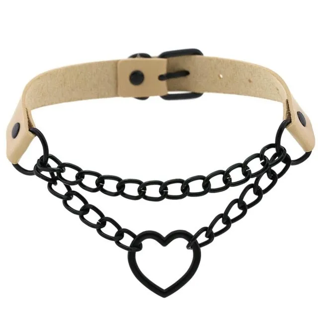 Black Heart Chain Link Collar Choker Leather Gothic Punk Harajuku Necklace