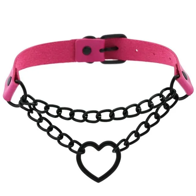 Black Heart Chain Link Collar Choker Leather Gothic Punk Harajuku Necklace