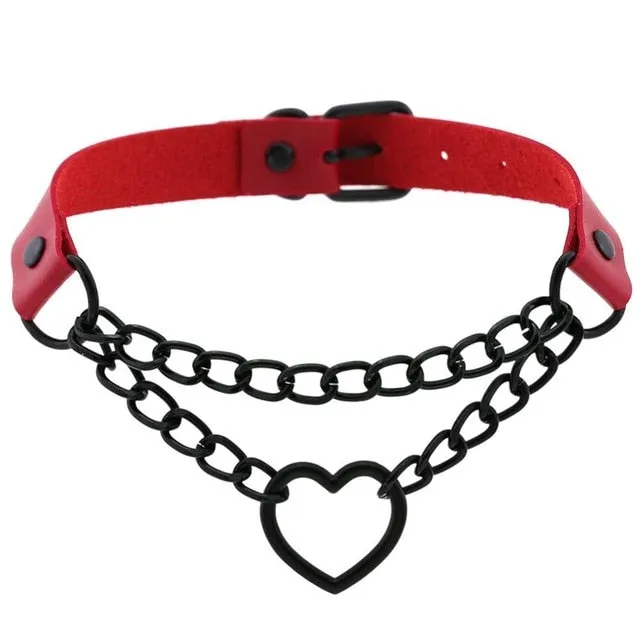 Black Heart Chain Link Collar Choker Leather Gothic Punk Harajuku Necklace