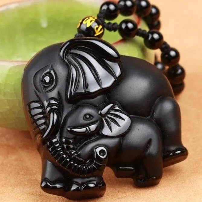 Black Obsidian Elephant Pendant with Beaded Rope Necklace