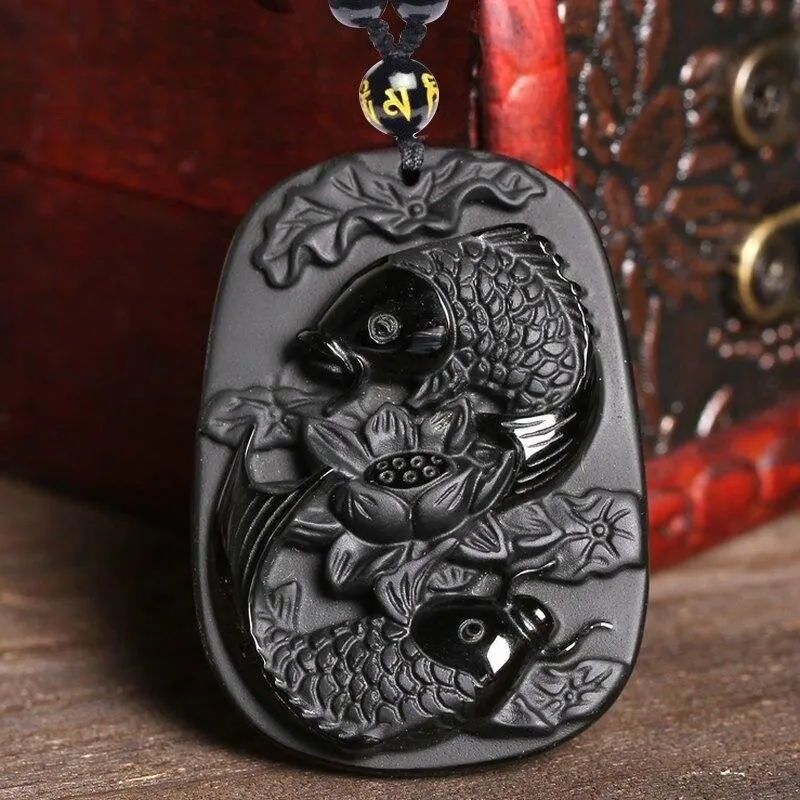 Black Obsidian Koi Fish and Lotus Pendant Necklace