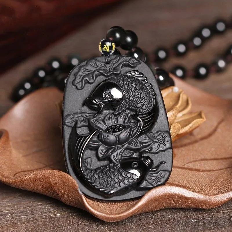 Black Obsidian Koi Fish and Lotus Pendant Necklace