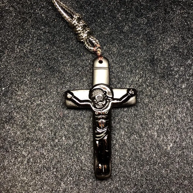 Black Obsidian Stone Jesus Cross Pendant with Rope Necklace