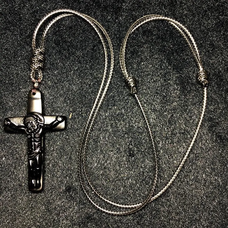 Black Obsidian Stone Jesus Cross Pendant with Rope Necklace