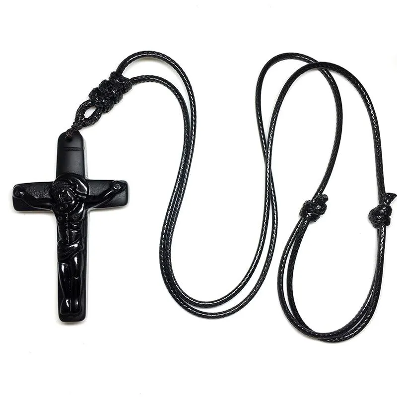 Black Obsidian Stone Jesus Cross Pendant with Rope Necklace