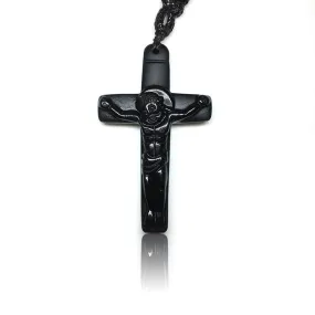 Black Obsidian Stone Jesus Cross Pendant with Rope Necklace