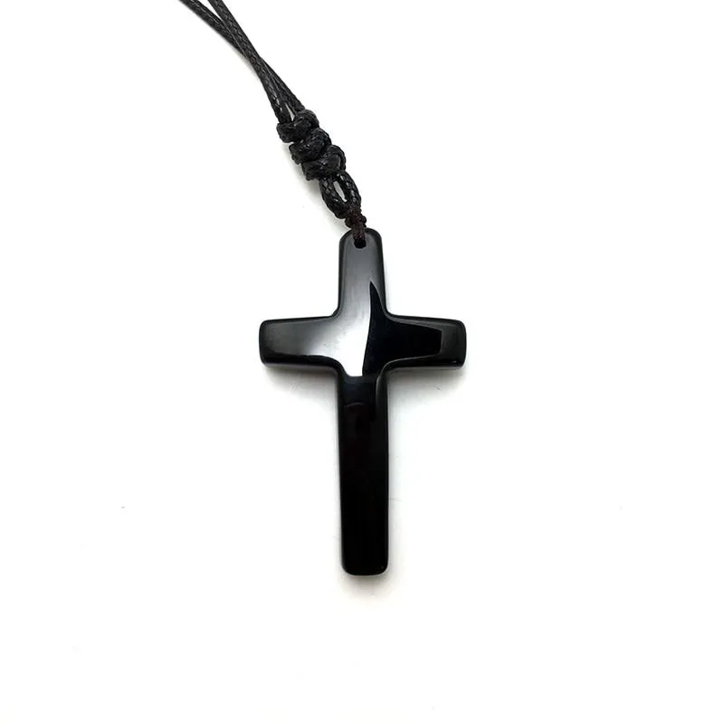 Black Obsidian Stone Jesus Cross Pendant with Rope Necklace