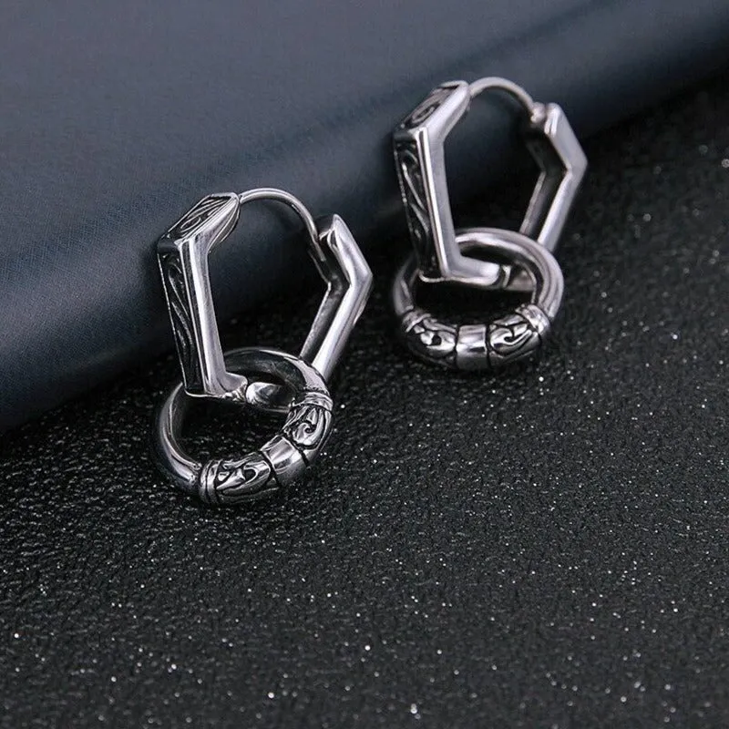 Black-Plated Tribal Design with Hoop Stainless Steel Retro-Punk Earrings