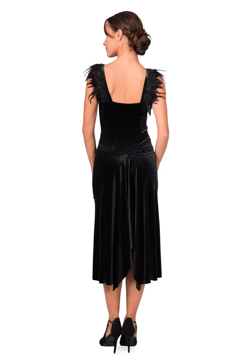 Black Velvet Dress With Feather Details