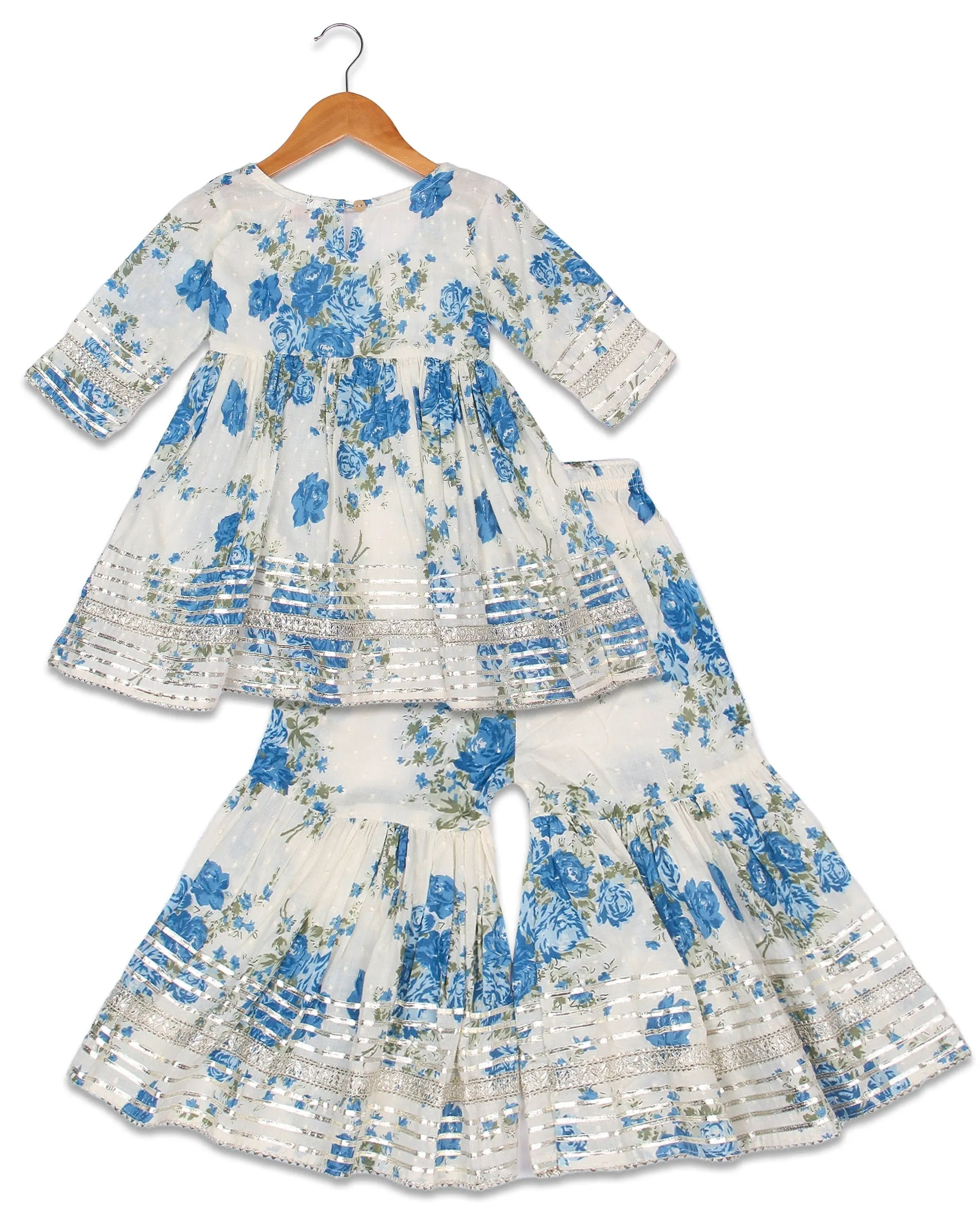 Blue Gold embellished Flower print sharara set- White/Blue