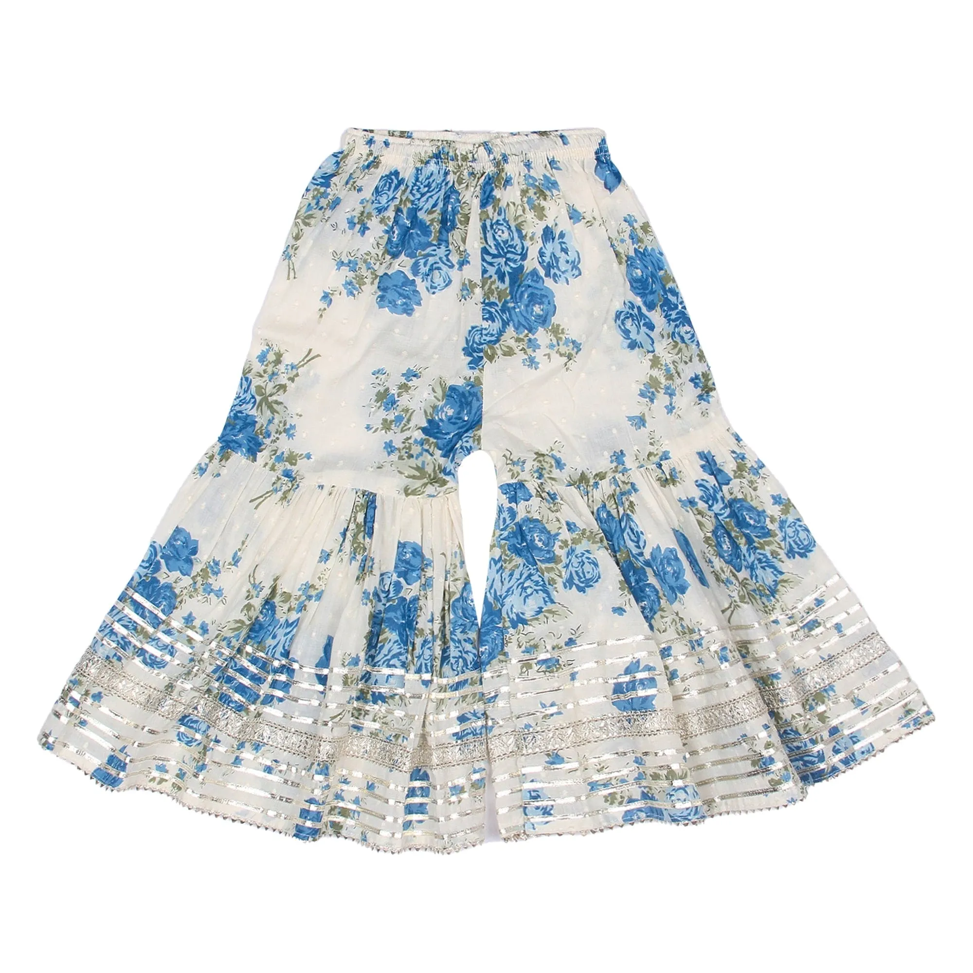 Blue Gold embellished Flower print sharara set- White/Blue