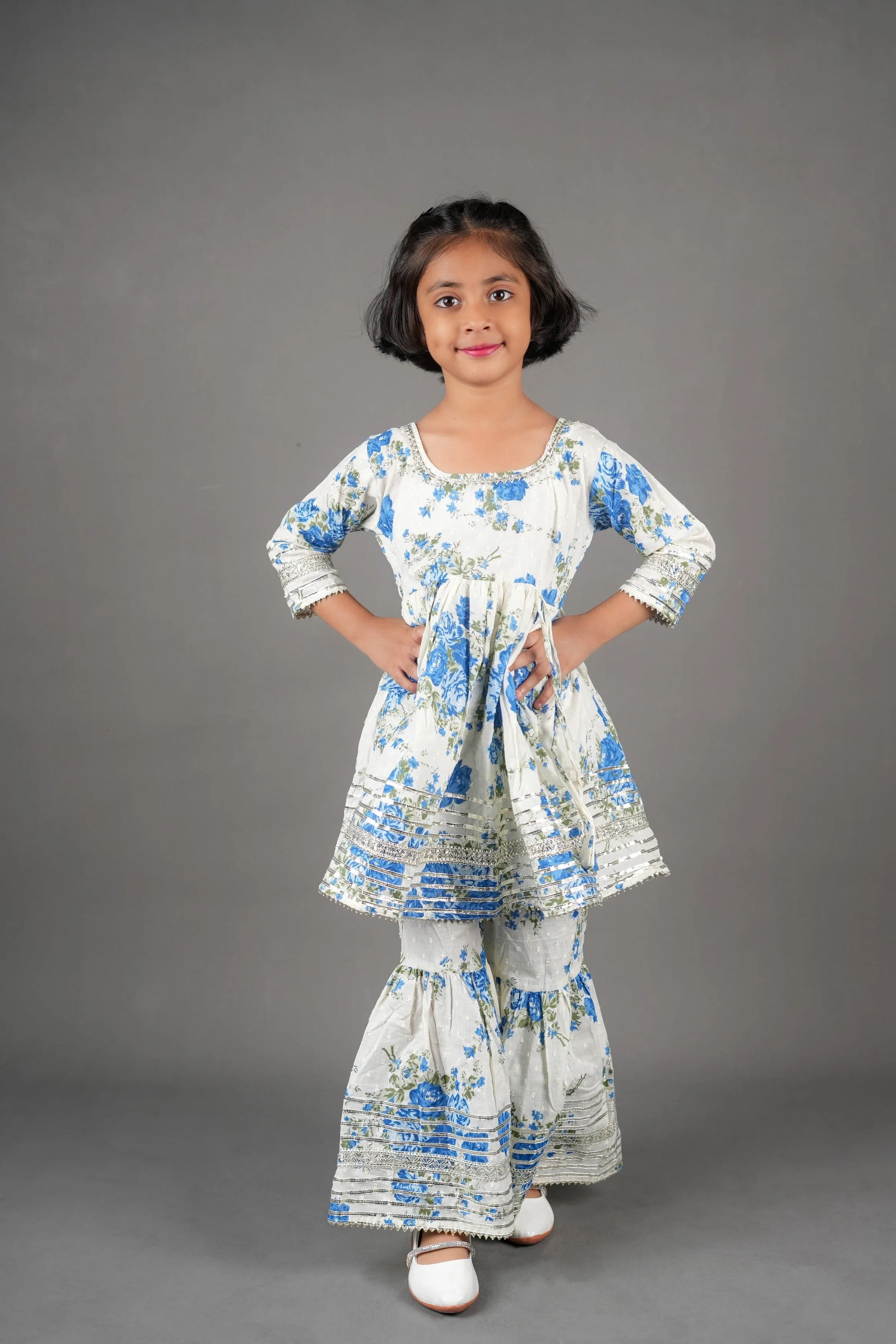 Blue Gold embellished Flower print sharara set- White/Blue