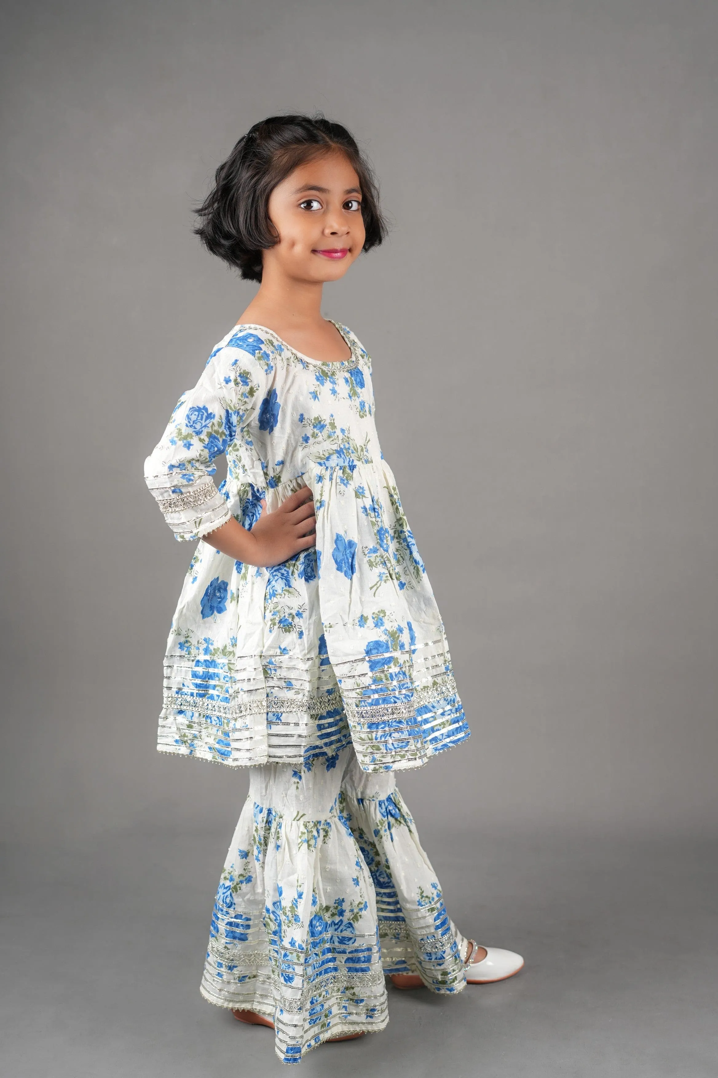 Blue Gold embellished Flower print sharara set- White/Blue