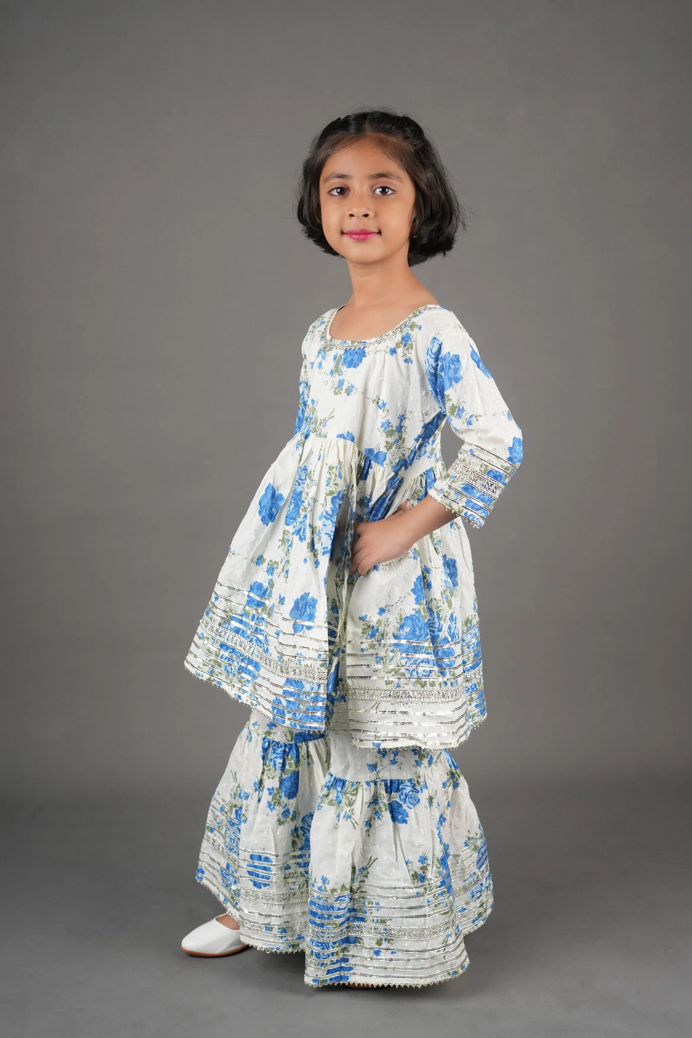 Blue Gold embellished Flower print sharara set- White/Blue