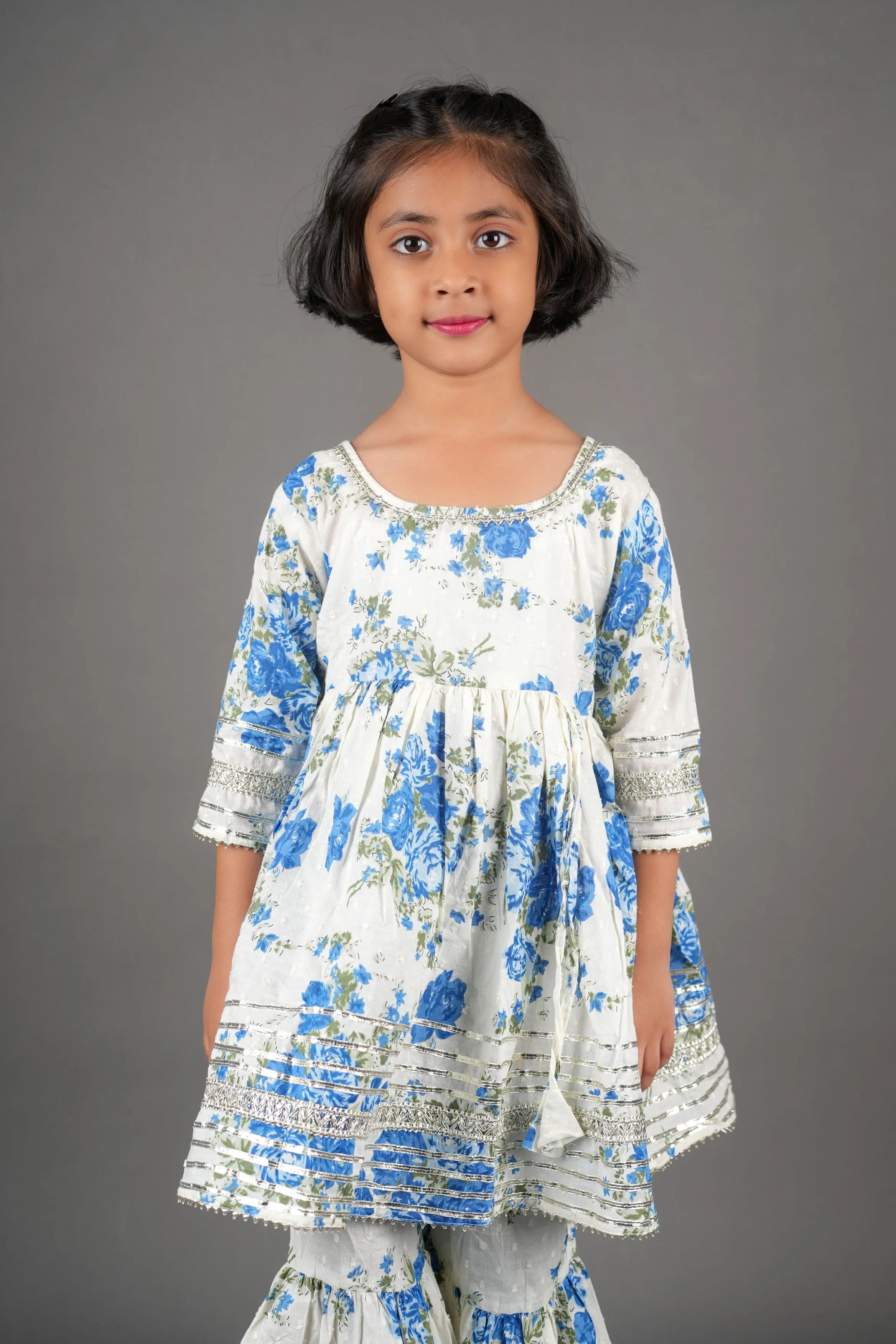 Blue Gold embellished Flower print sharara set- White/Blue