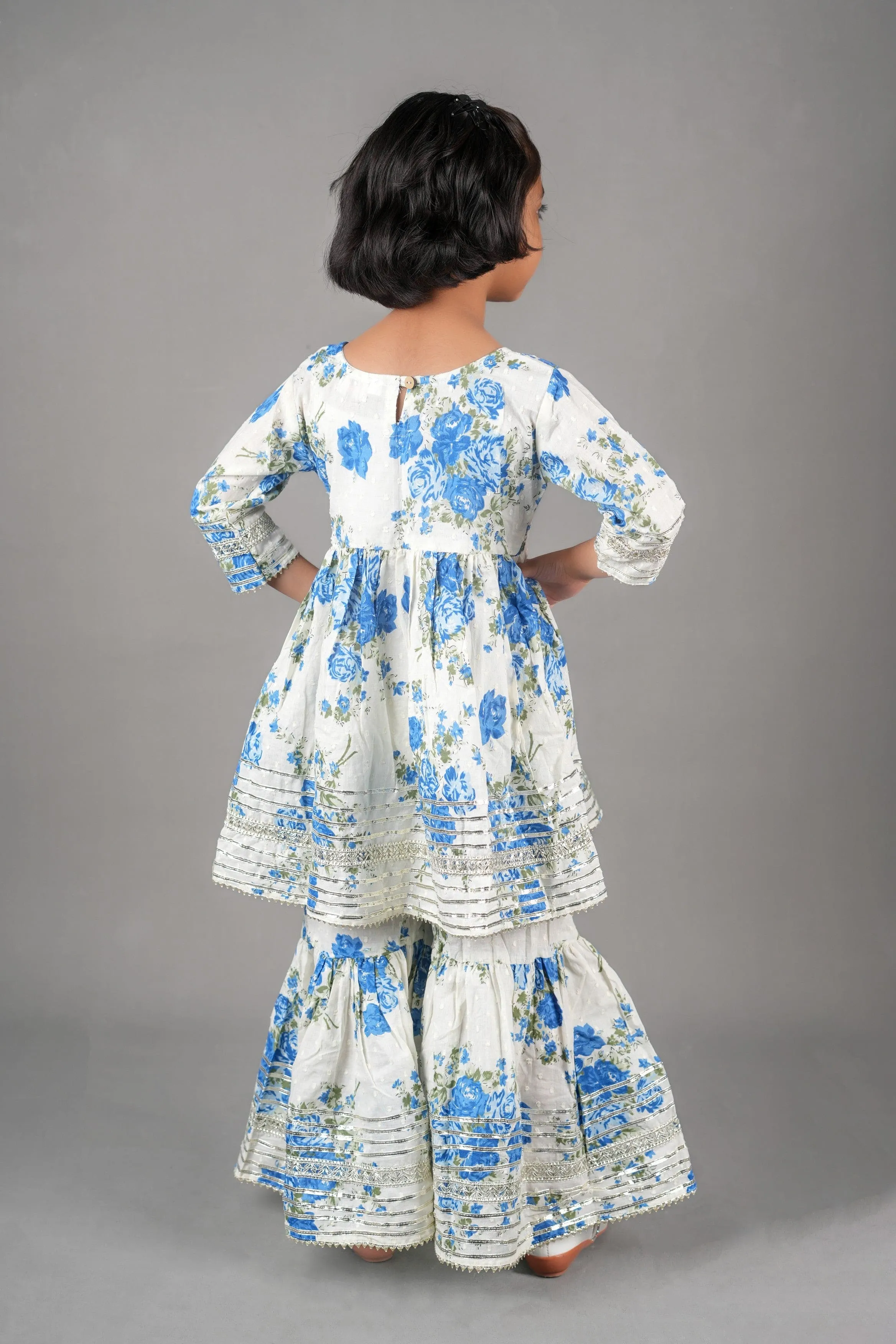 Blue Gold embellished Flower print sharara set- White/Blue