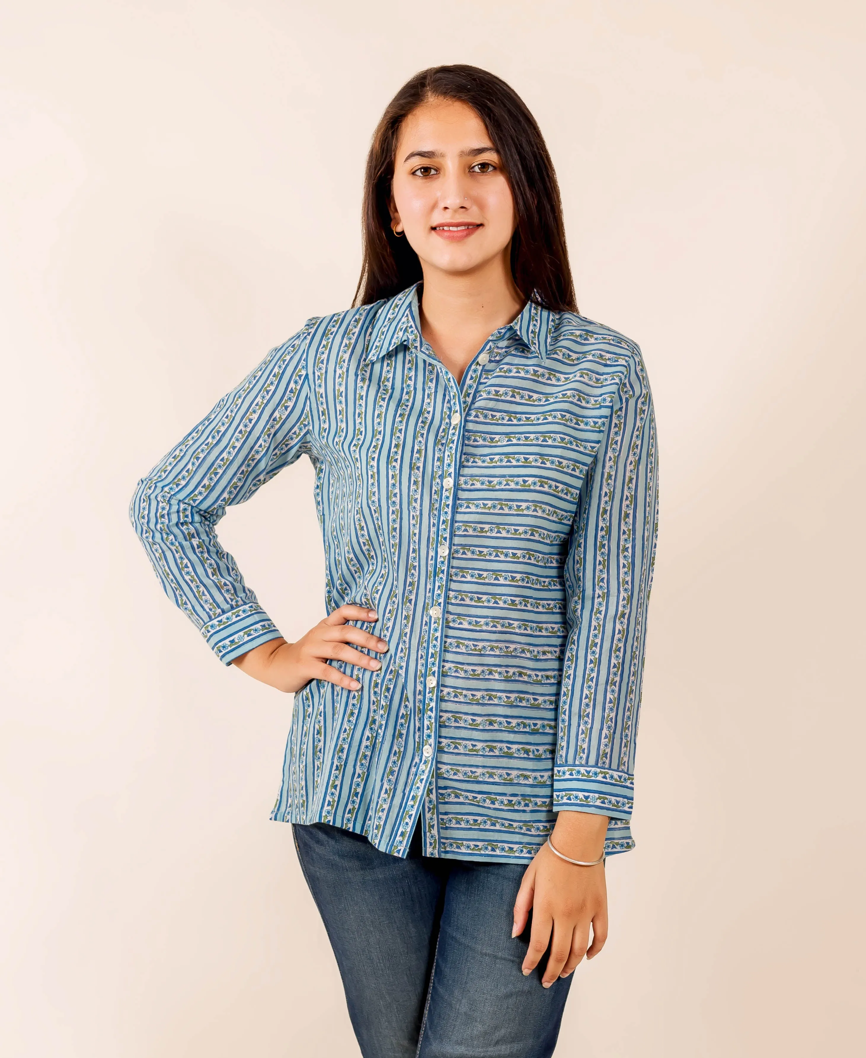 Blue Hand Block Printed Button Down Shirt