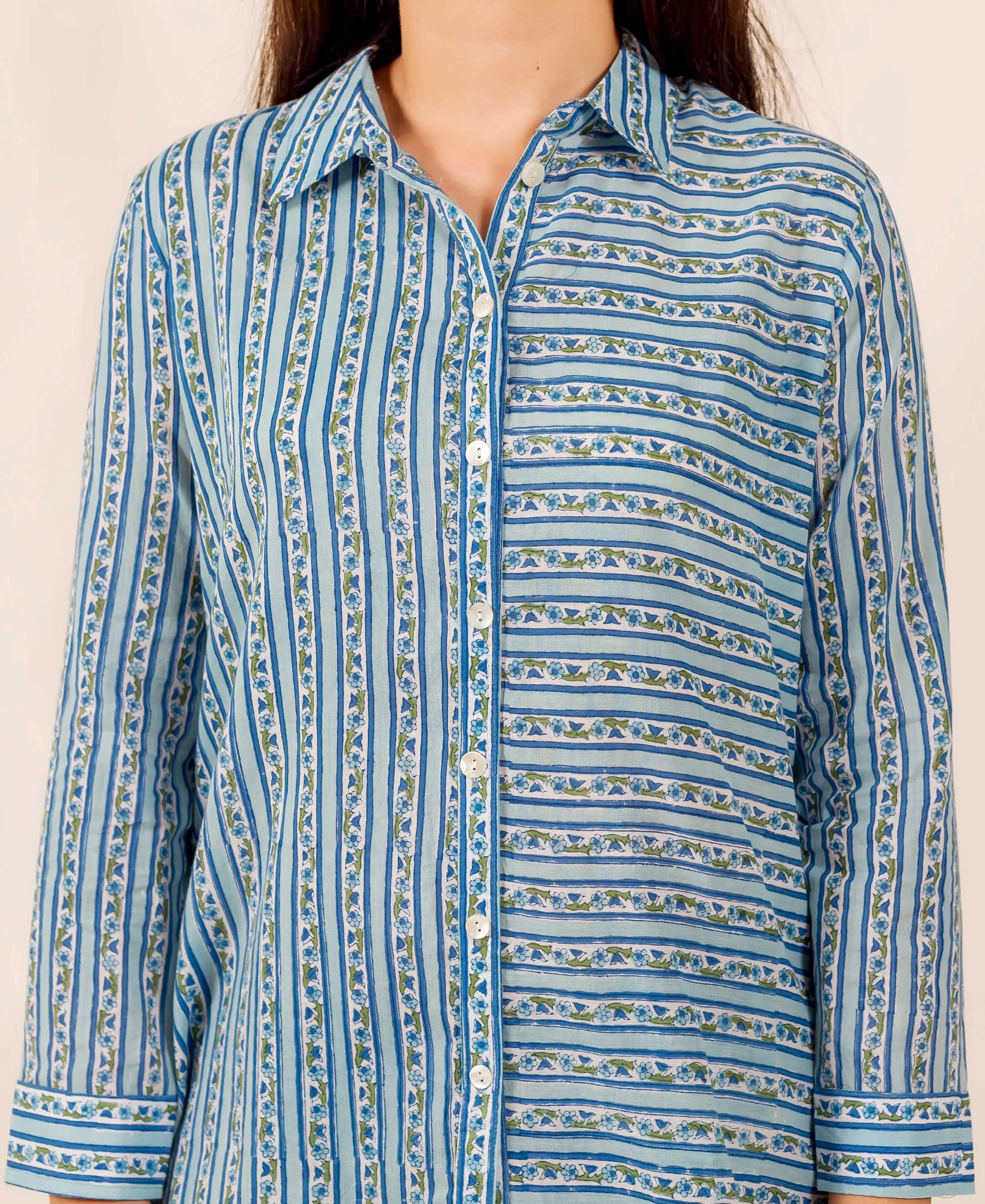 Blue Hand Block Printed Button Down Shirt