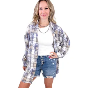 Blue Horizons Boyfriend Washed Plaid Frayed Hem Button Up Top