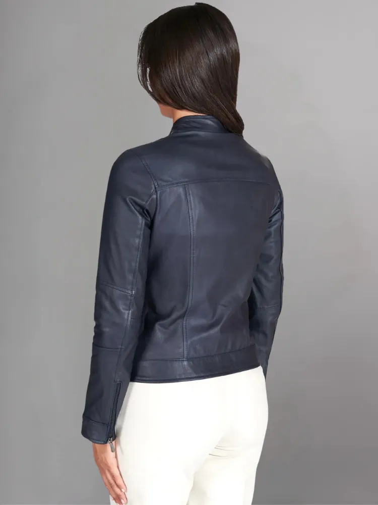 Blue natural leather biker jacket four zipper pockets