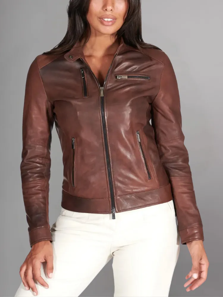 Blue natural leather biker jacket four zipper pockets