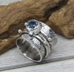 Blue Topaz Spinner Ring Wide Band Ring Natural Stone Ring Wide Quote Ring Message Ring Wide Silver Ring Sterling Silver Ring for Woman