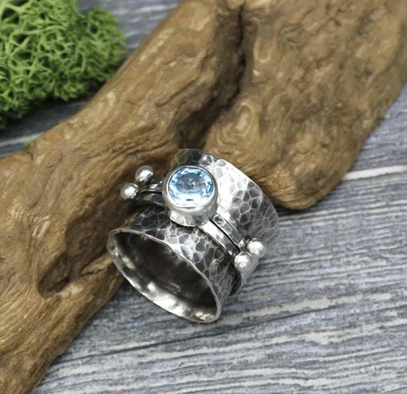 Blue Topaz Spinner Ring Wide Band Ring Natural Stone Ring Wide Quote Ring Message Ring Wide Silver Ring Sterling Silver Ring for Woman