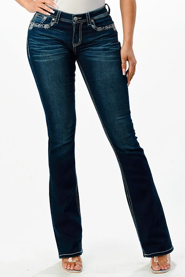 Border Stitches Mid Rise Bootcut Soft Denim Jeans