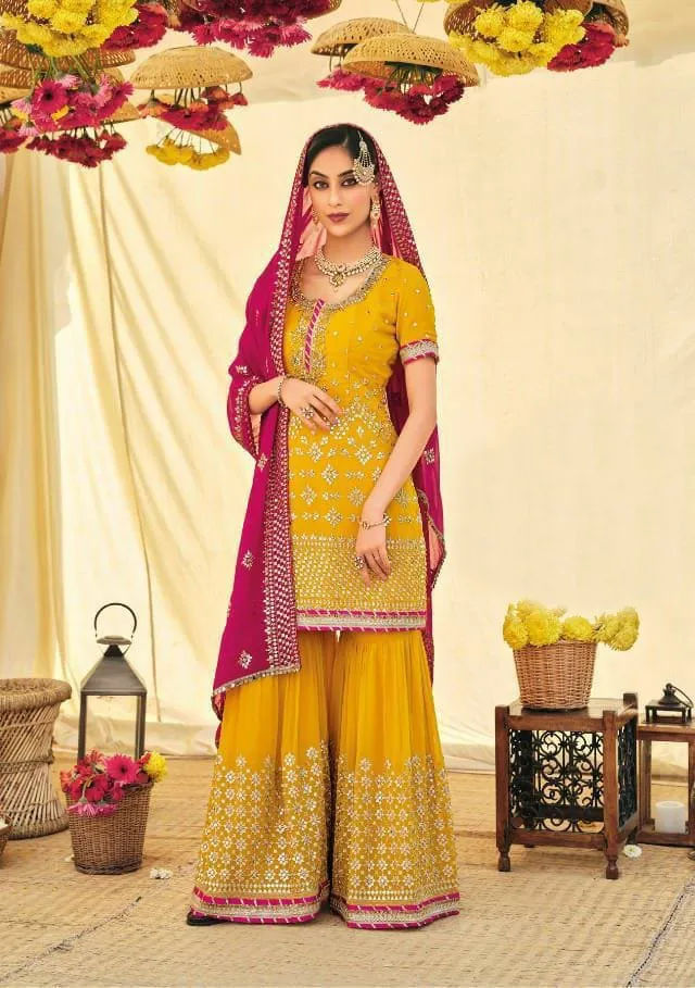 Bright Mustard yellow Colored Sharara Set - Rent