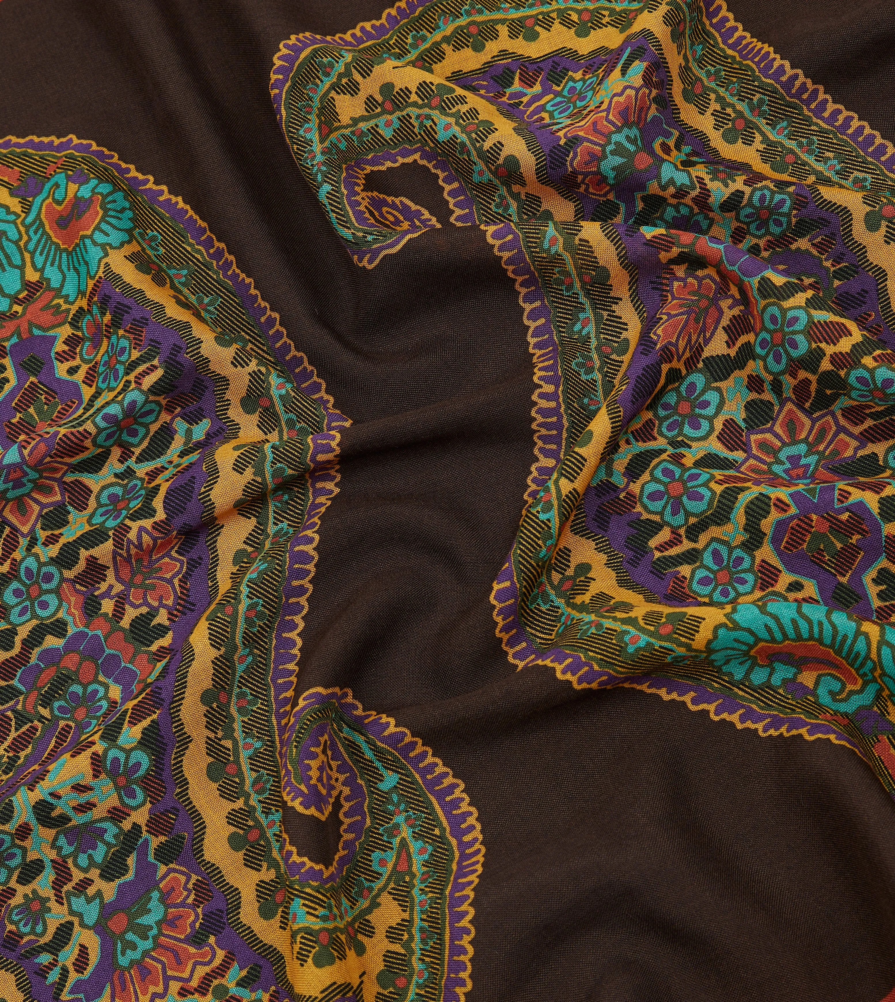 Brown Large Paisley Print Wool-Silk Bandana