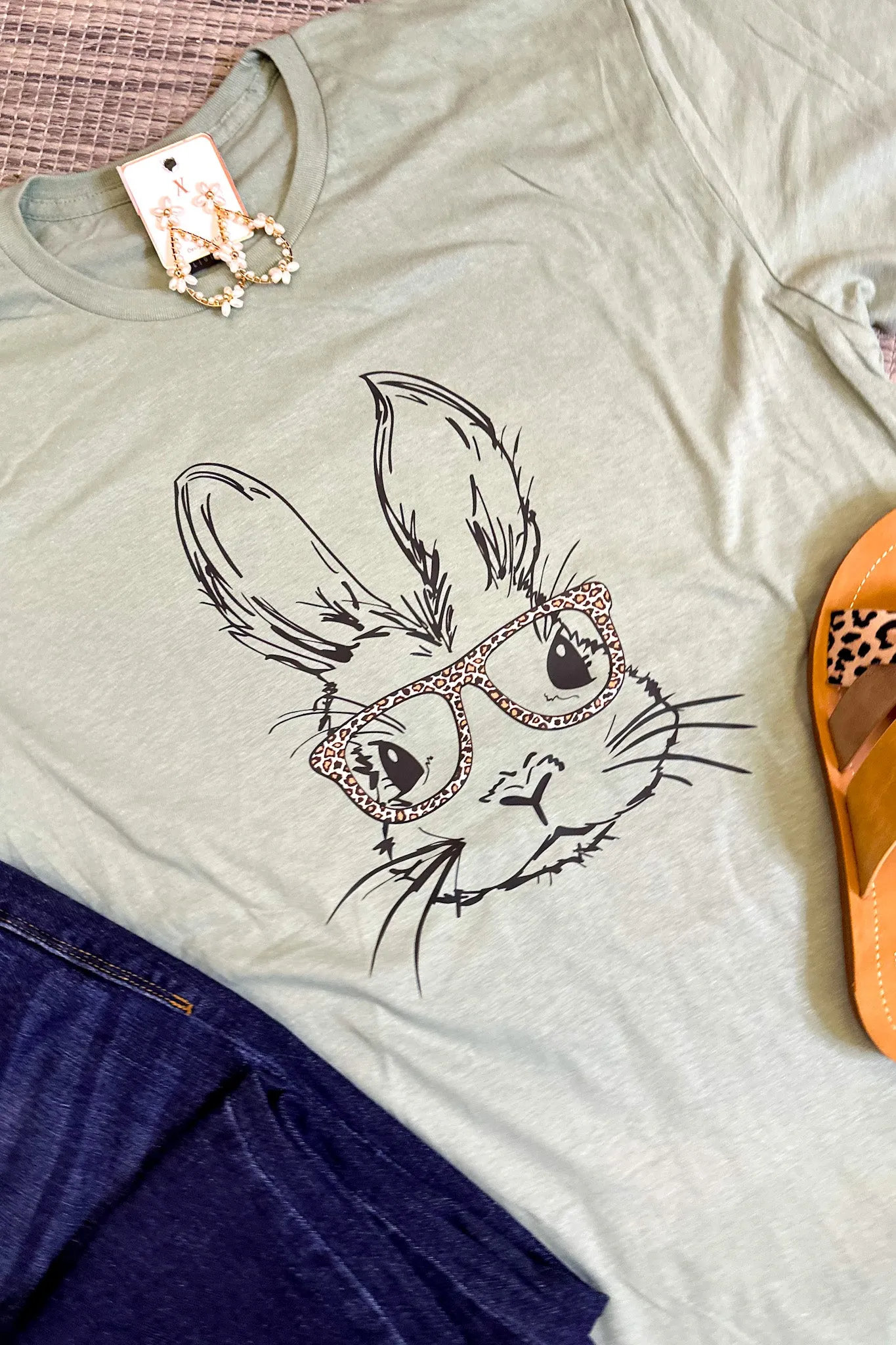 Bunny Leopard Glasses Graphic Tee, Sage