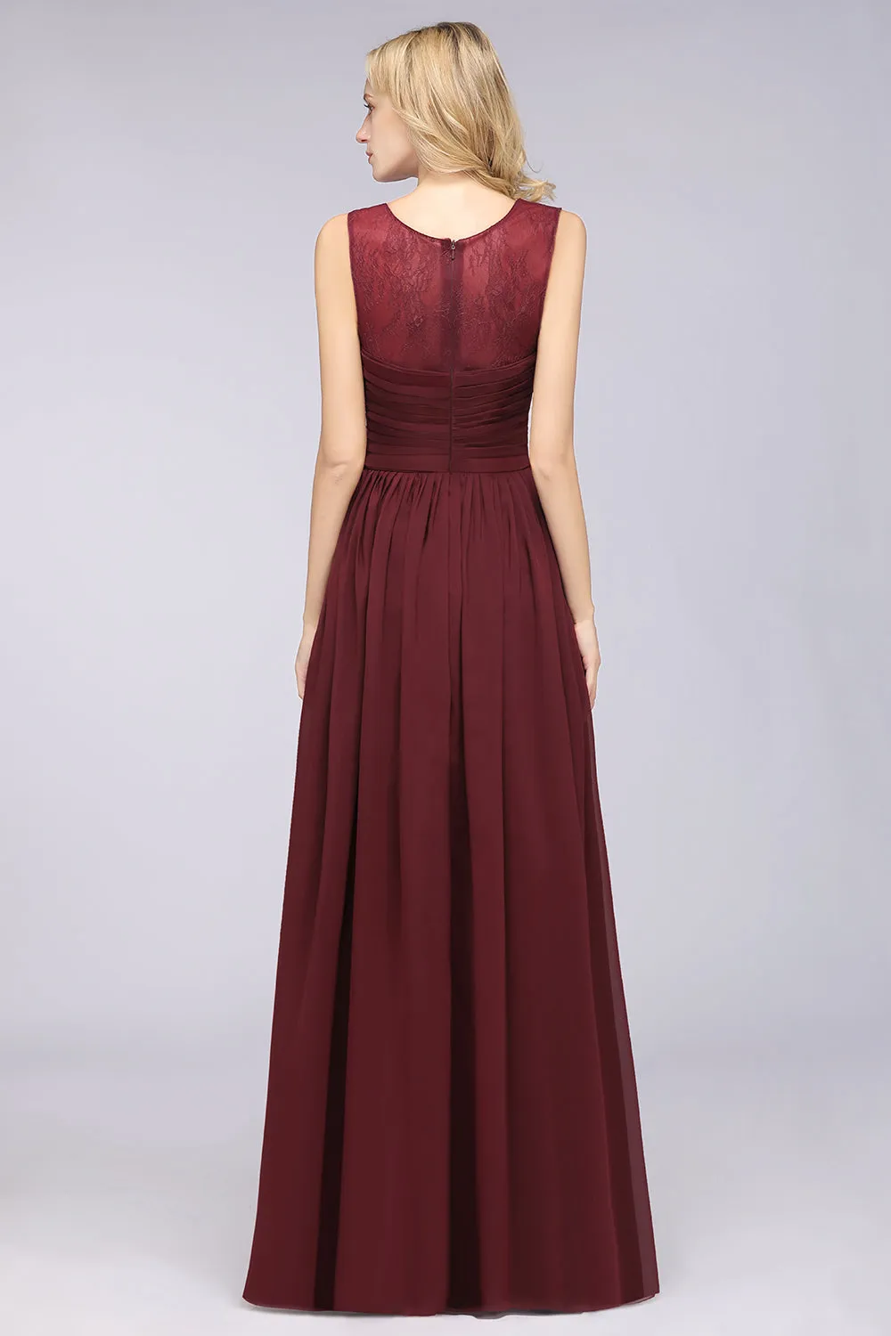 Burgundy Long A-Line Chiffon Tulle Lace Bridesmaid Dress with Ruffle