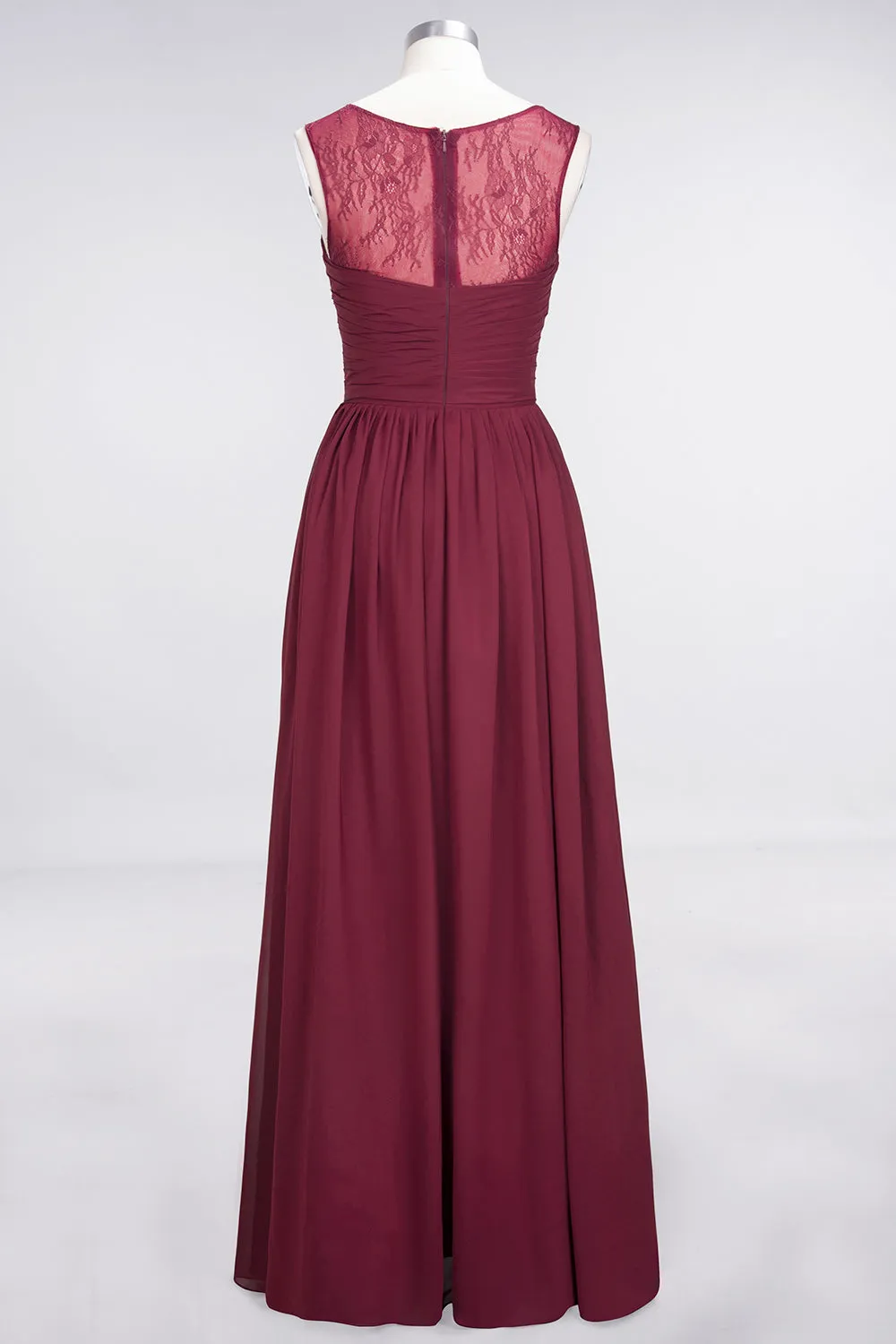 Burgundy Long A-Line Chiffon Tulle Lace Bridesmaid Dress with Ruffle