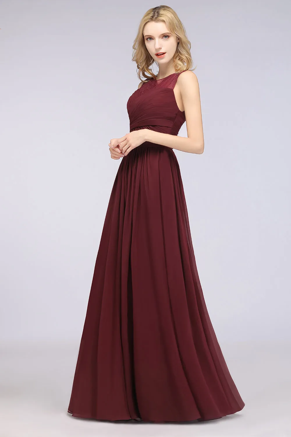 Burgundy Long A-Line Chiffon Tulle Lace Bridesmaid Dress with Ruffle