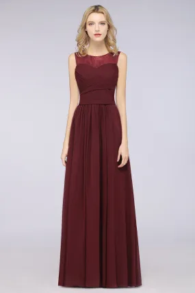 Burgundy Long A-Line Chiffon Tulle Lace Bridesmaid Dress with Ruffle