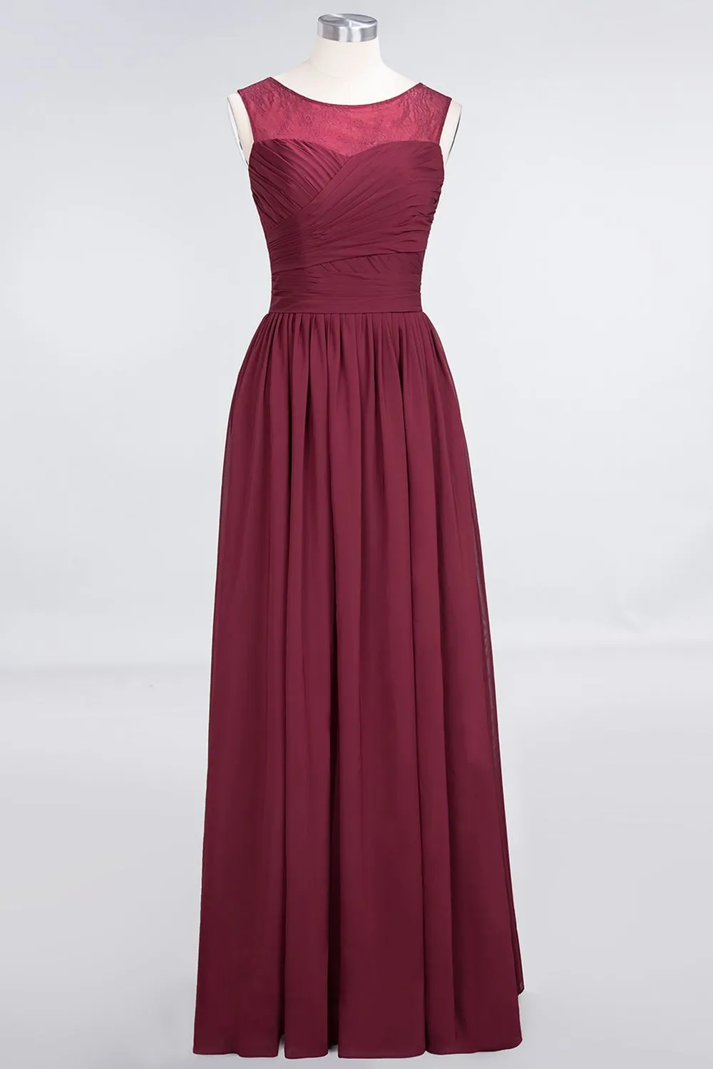 Burgundy Long A-Line Chiffon Tulle Lace Bridesmaid Dress with Ruffle